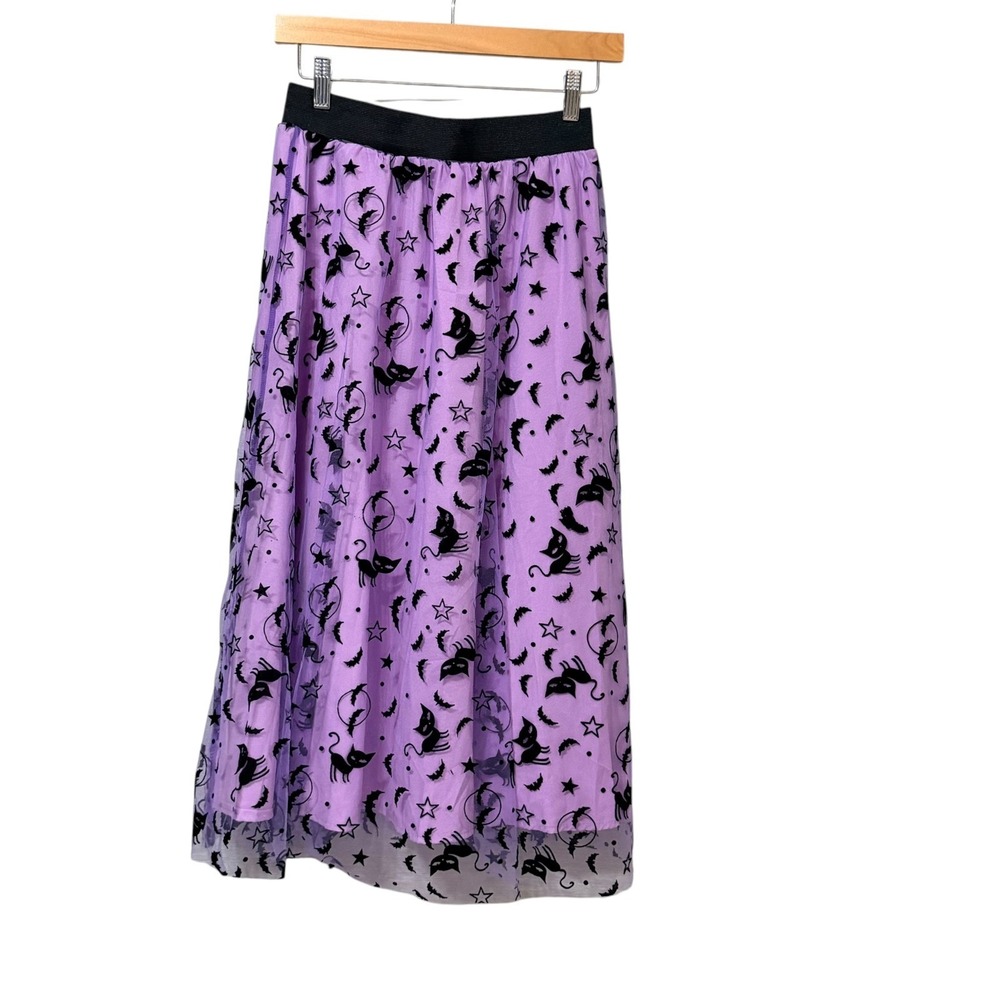 Purple Tulle Cat Bat Star Flocked Midi Skirt Elastic Waist Halloween Goth L-XL